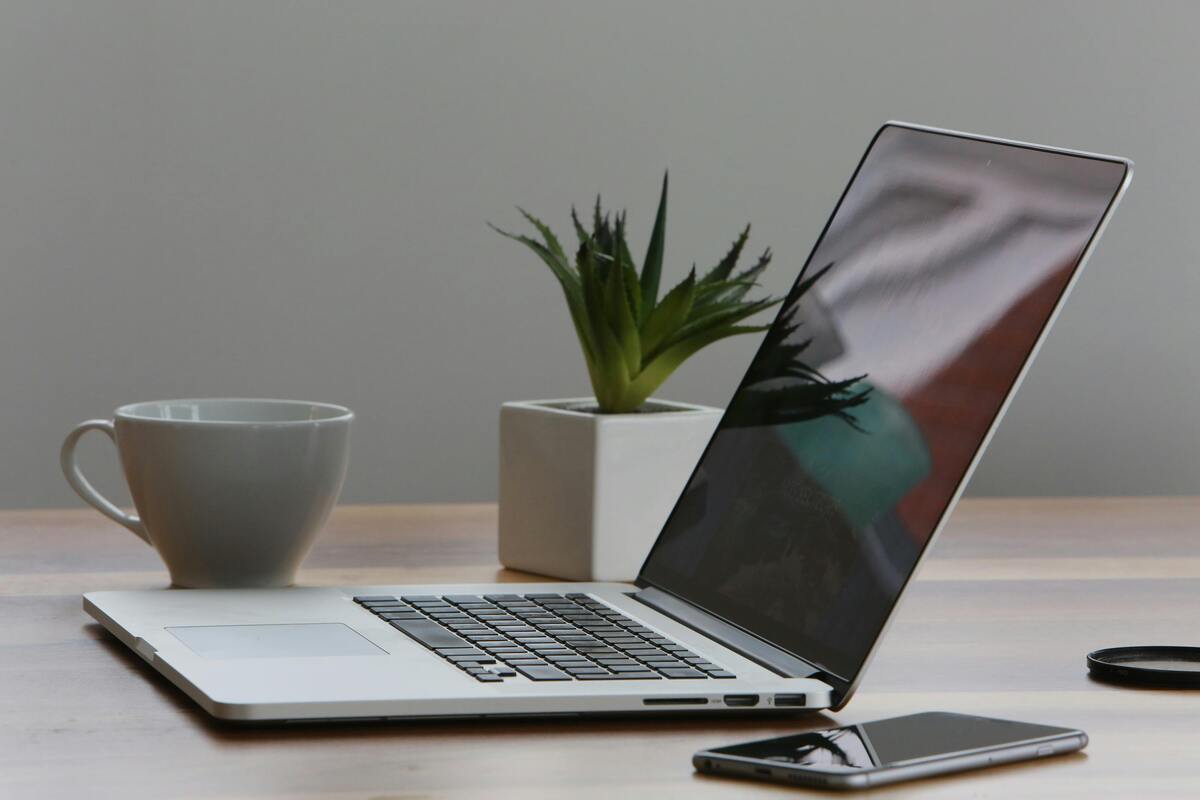 Minimalist home office desk with laptop, smartphone and plant